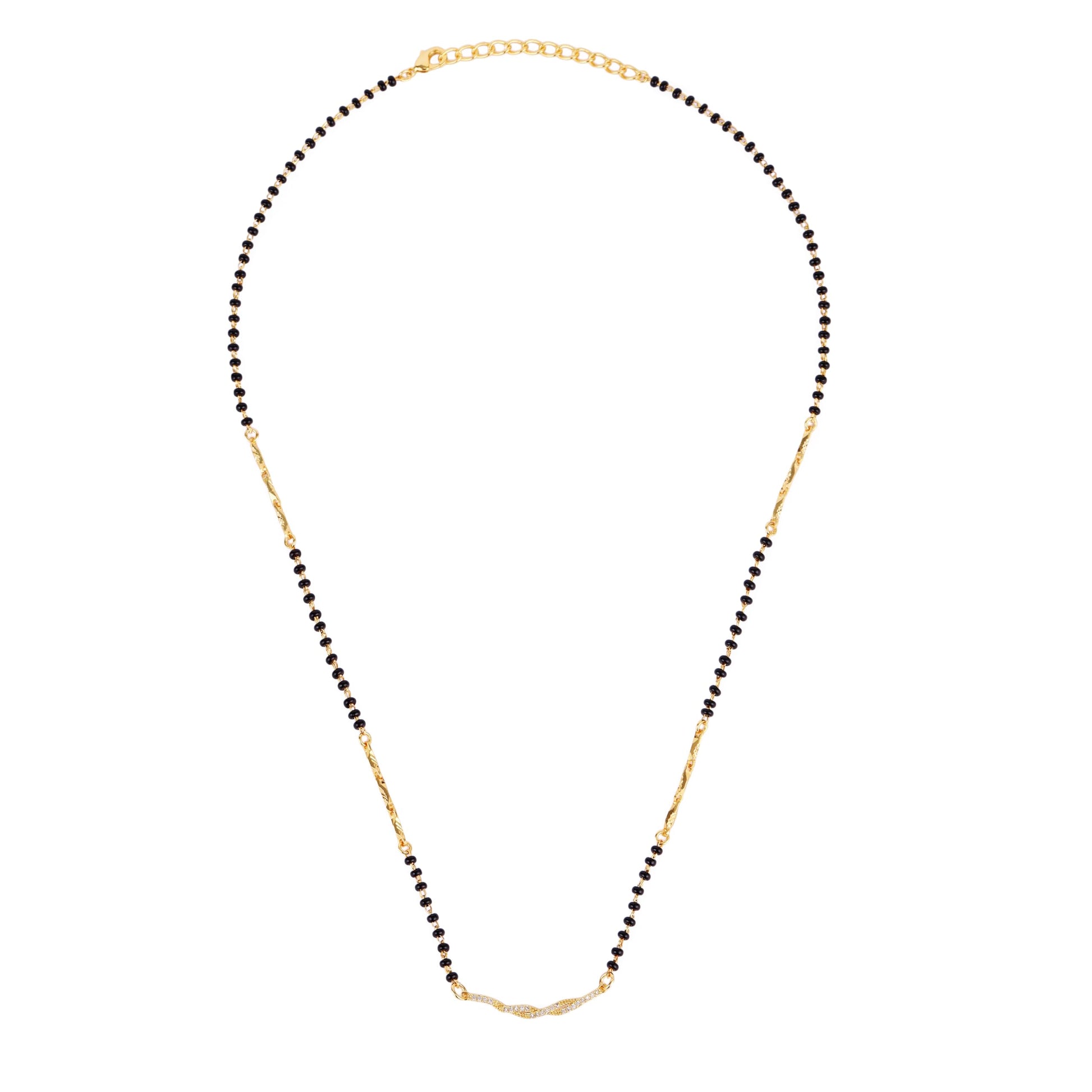 Saloni Fashion Jewellery Traditional Modern CZ Studded Oval Shape Gold Plated Combo Set of 2 Black Beaded Adjustable Chain Mangalsutra For Women