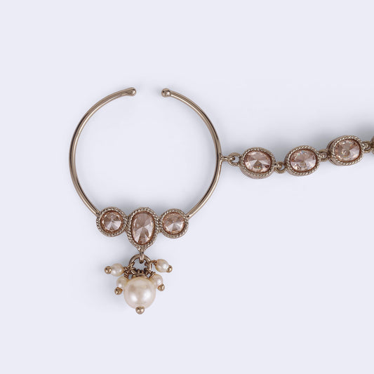 Saloni Fashion Jewellery Traditional Round Shape Crystal Gold Plated Nose Ring with Chain (Nathiya) For Women