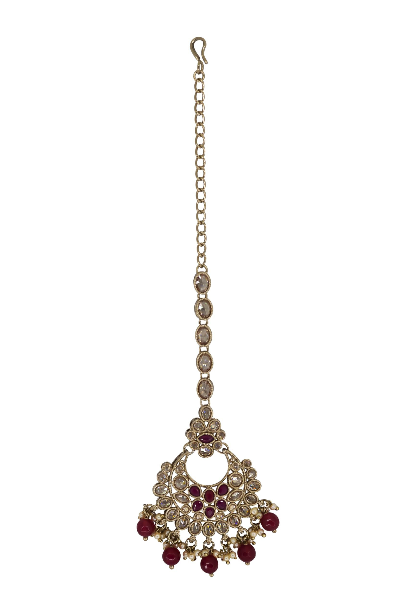 Saloni Fashion Jewellery Glorious Chandelier Shape Mother of Pearl Ruby Uncut Kundan Stone Antique Gold Plated Maang Tikka For Women and Girls