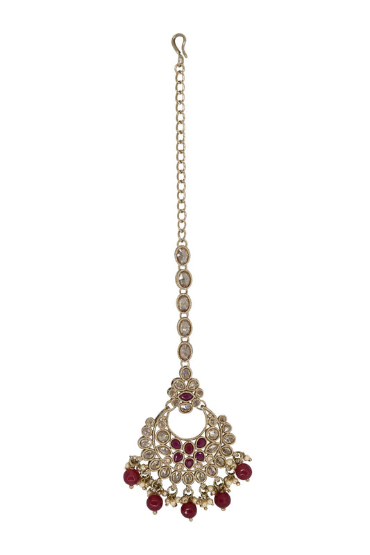 Saloni Fashion Jewellery Glorious Chandelier Shape Mother of Pearl Ruby Uncut Kundan Stone Antique Gold Plated Maang Tikka For Women and Girls