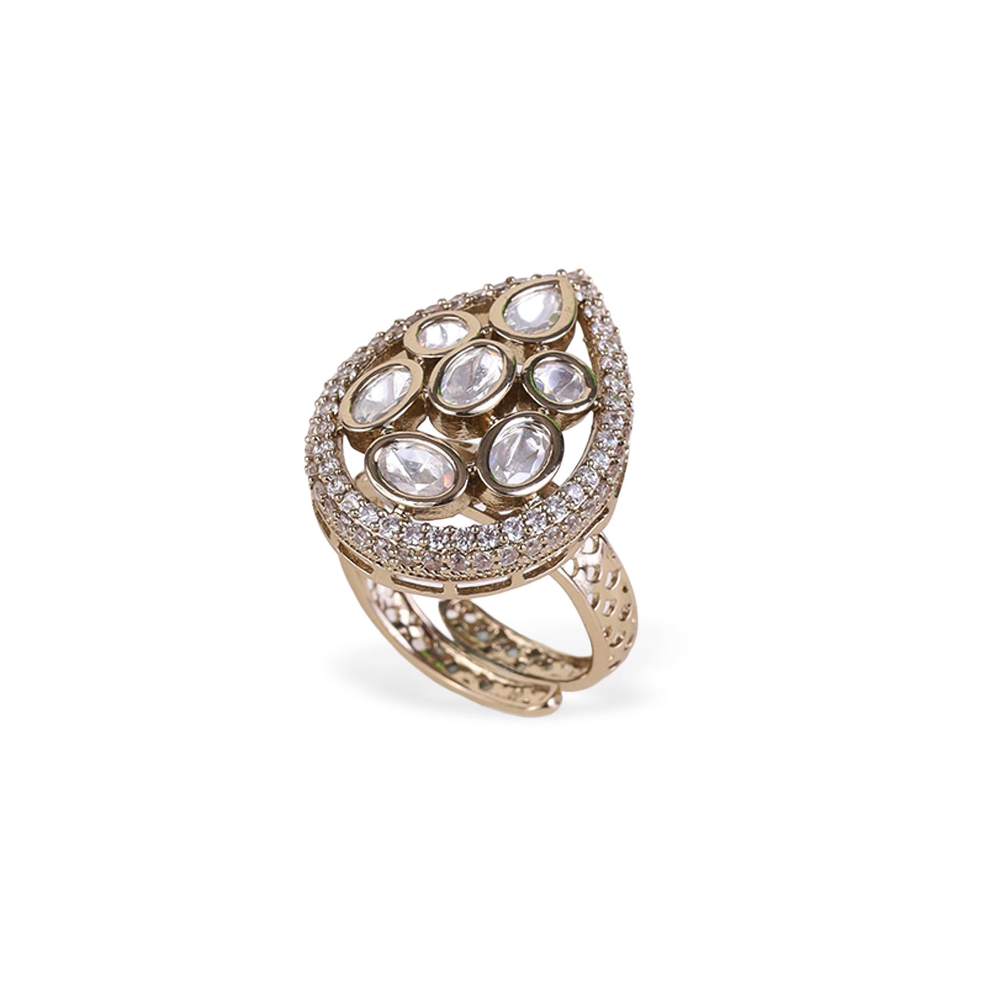 Saloni Fashion Jewellery Oval Shape White Stone Gold Plated Brass Adjustable Finger Ring For Women
