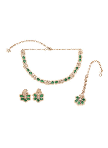 Saloni Fashion Jewellery Eye-Catchy Oval and Round Flower Shape Kundan Antique Gold Plated Choker Necklace Set With Maangtikka For Women and Girls