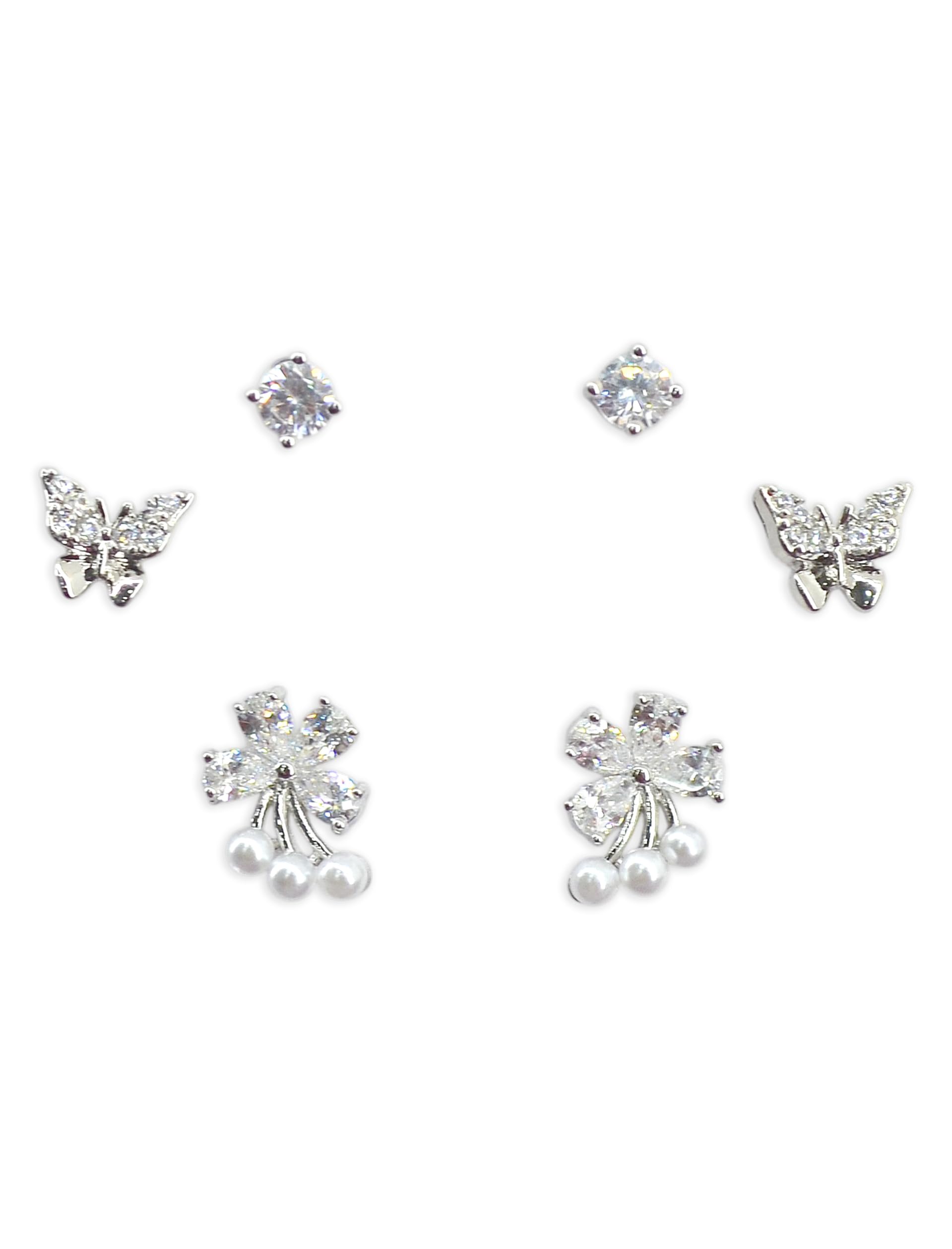 Saloni Fashion Jewellery Lavish Butterfly and Flower Design CZ Brass Silver Plated Set of 3 Combo Stud Earring For Women and Girls