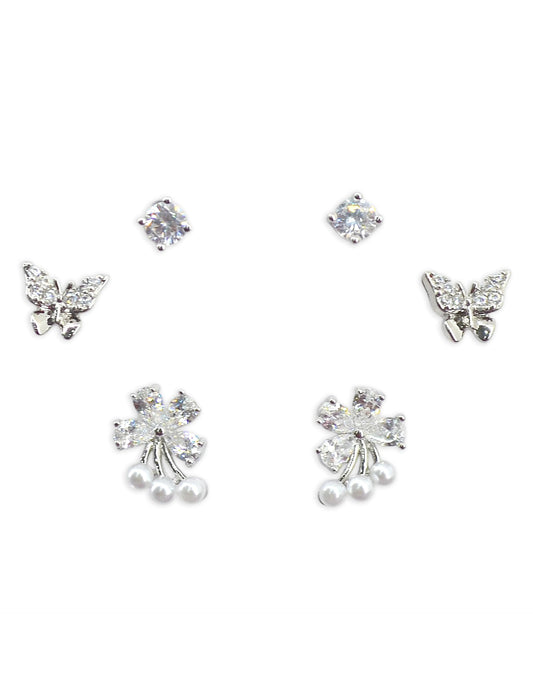 Saloni Fashion Jewellery Lavish Butterfly and Flower Design CZ Brass Silver Plated Set of 3 Combo Stud Earring For Women and Girls