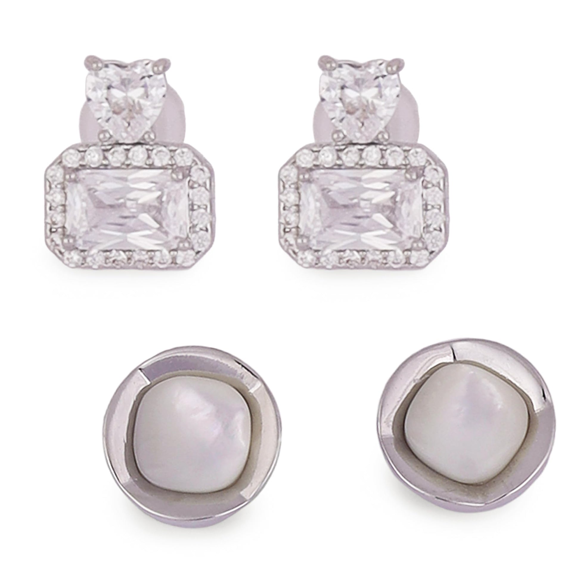 Saloni Fashion Jewellery Pretty Squire Shape Studded CZ Silver Plated Combo Set of 2 Stud Earring For Women