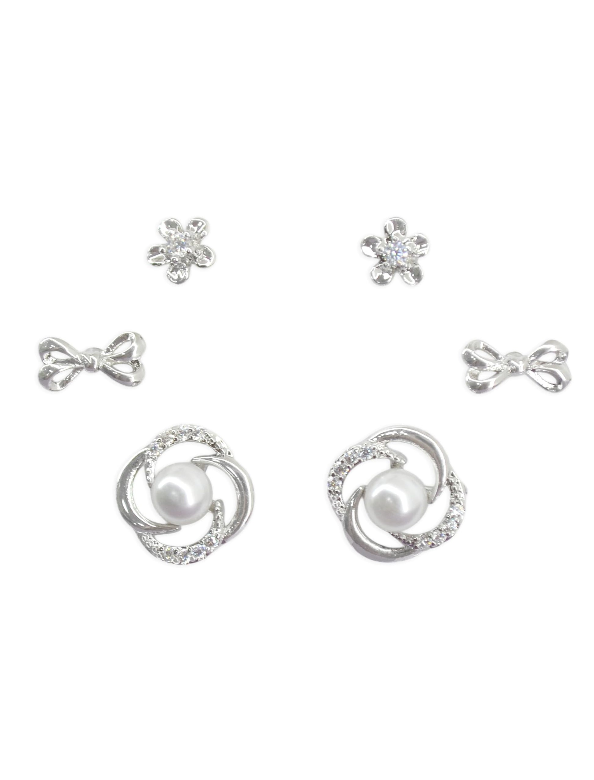 Saloni Fashion Jewellery Smooth Flower and Bow Design CZ Brass Silver Plated Set of 3 Combo Stud Earring For Women and Girls