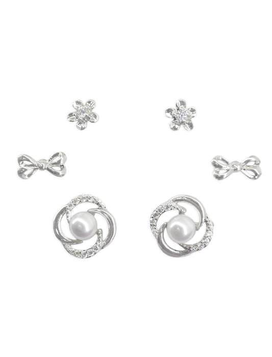 Saloni Fashion Jewellery Smooth Flower and Bow Design CZ Brass Silver Plated Set of 3 Combo Stud Earring For Women and Girls