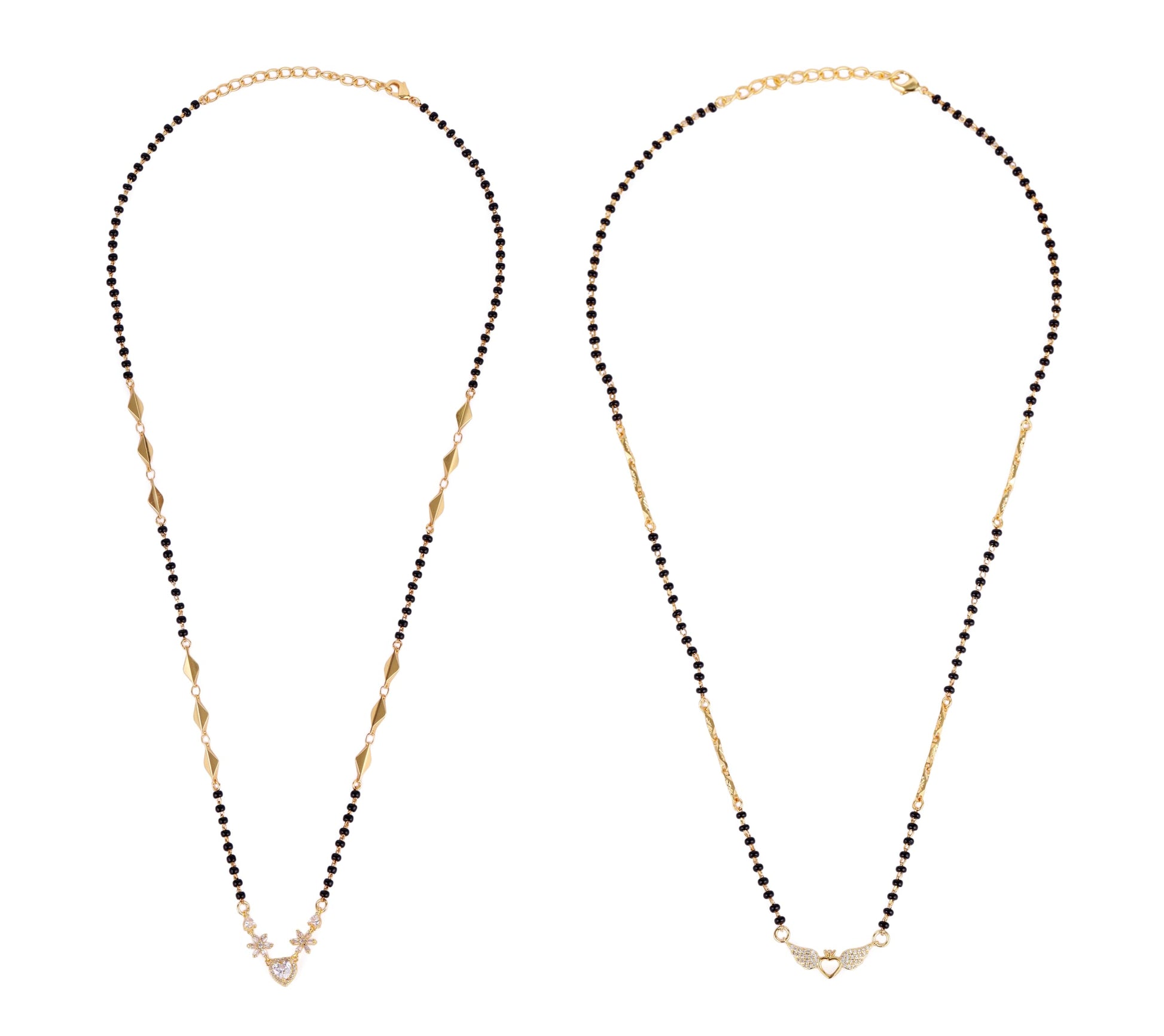 Saloni Fashion Jewellery Traditional Eye-Catchy Leaf and Heart Shape Gold Plated Combo Set of 2 Black Beaded Adjustable Chain Mangalsutra For Women