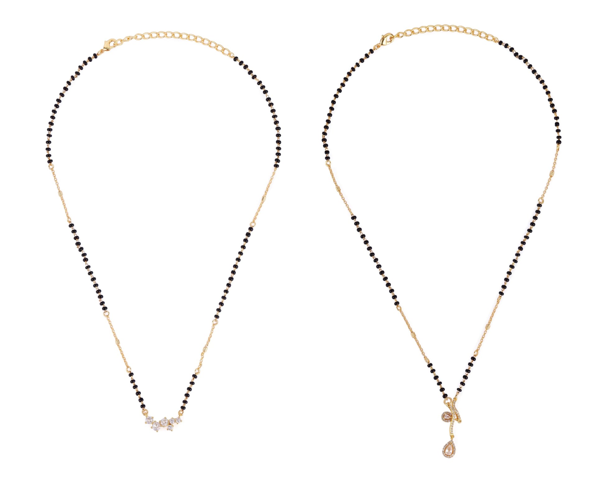 Saloni Fashion Jewellery Traditional Creative Oval Shape CZ Studded Gold Plated Combo Set of 2 Black Beaded Adjustable Chain Mangalsutra For Women