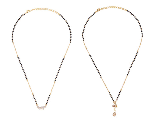 Saloni Fashion Jewellery Traditional Creative Oval Shape CZ Studded Gold Plated Combo Set of 2 Black Beaded Adjustable Chain Mangalsutra For Women