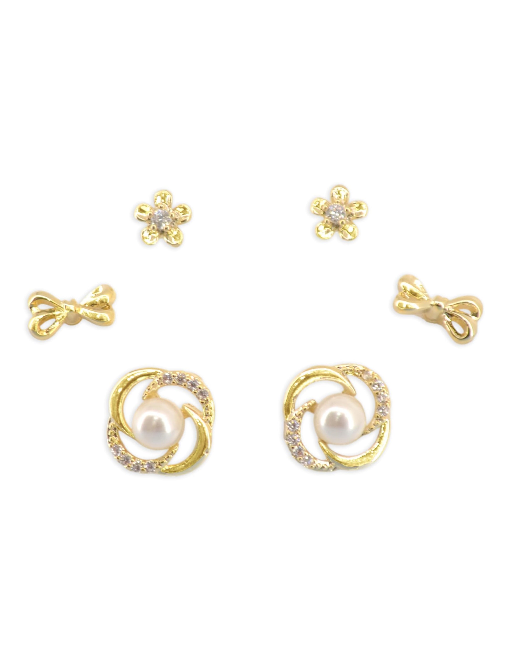 Saloni Fashion Jewellery Trendy Flower and Round Shape CZ Pearl Brass Gold Plated Set of 3 Combo Stud Earring For Women and Girls