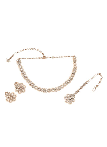 Saloni Fashion Jewellery Desirable Flower and Oval Shape White Kundan Stone Pearl Antique Gold Plated Choker Necklace With Maang Tikka For Women and Girls