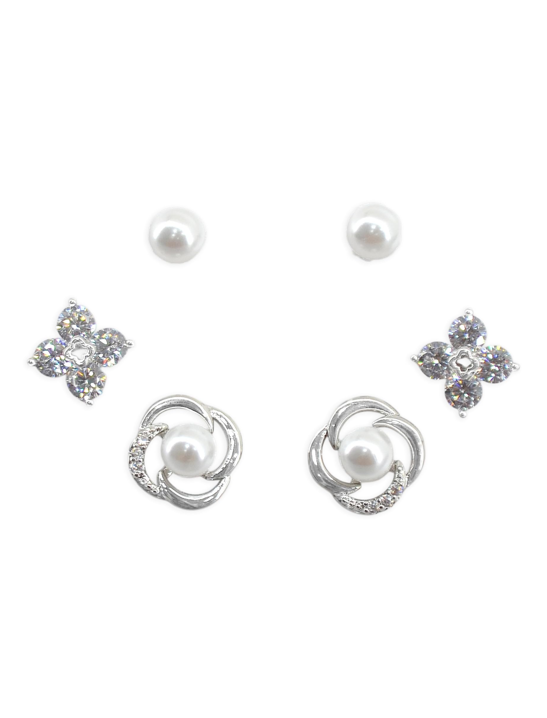 Saloni Fashion Jewellery Pleasing Flower Design Pearl Brass Silver Plated Set of 3 Combo Stud Earring For Women and Girls