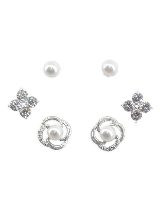 Saloni Fashion Jewellery Pleasing Flower Design Pearl Brass Silver Plated Set of 3 Combo Stud Earring For Women and Girls