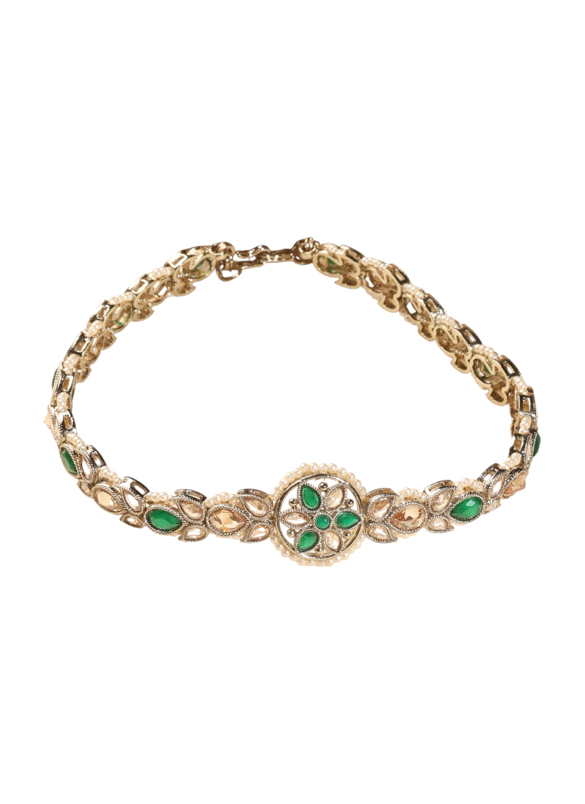 Saloni Fashion Jewellery Beautiful Flower Design and Pearl Green Kundan Stone Antique Gold Plated Mathapatti(Sheeshphool) For Women and Girls
