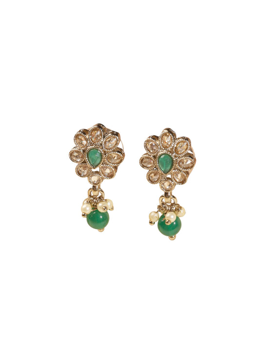Saloni Fashion Jewellery Modish Flower Design and Circle Green Kundan Stone Antique Gold Plated Dangle Earring For Women and Girls