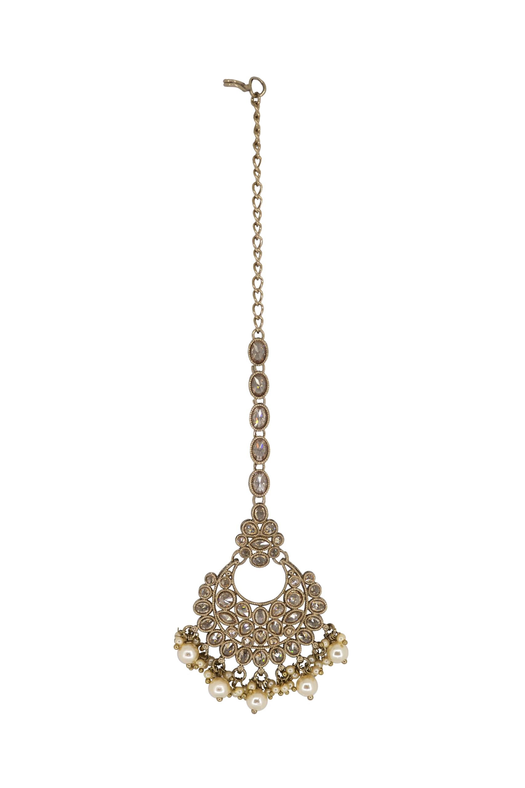 Saloni Fashion Jewellery Glamorous Chandelier Shape Mother of Pearl Brown Uncut Kundan Stone Antique Gold Plated Maang Tikka For Women and Girls