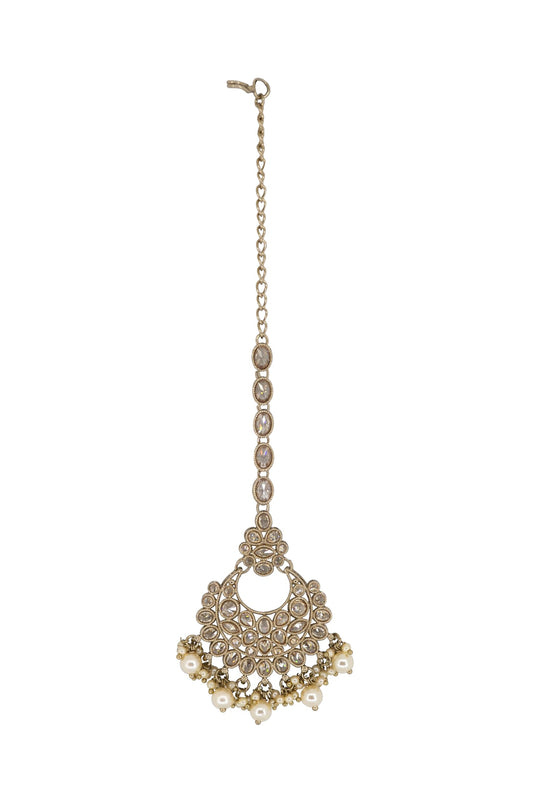 Saloni Fashion Jewellery Glamorous Chandelier Shape Mother of Pearl Brown Uncut Kundan Stone Antique Gold Plated Maang Tikka For Women and Girls