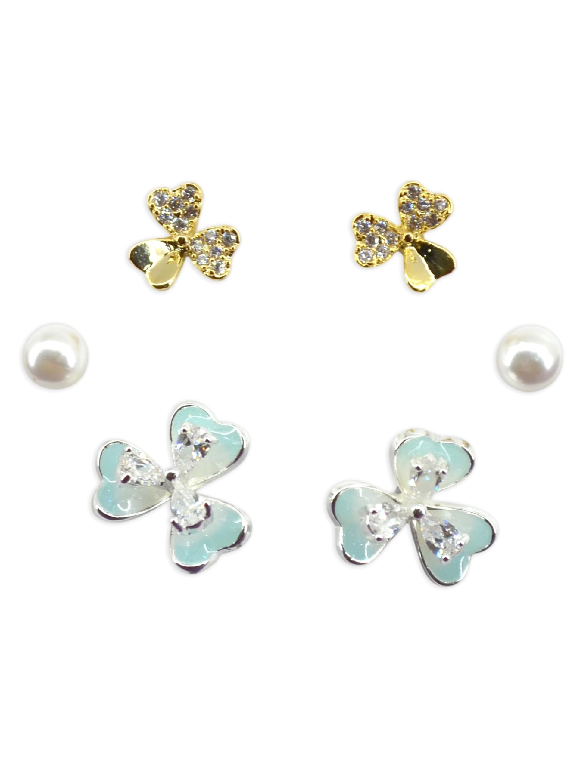 Saloni Fashion Jewellery Pleasing Flower Shape Pearl Brass Silver and Gold Plated Set of 3 Combo Stud Earring For Women and Girls