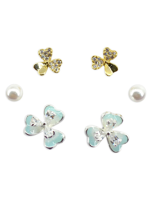 Saloni Fashion Jewellery Pleasing Flower Shape Pearl Brass Silver and Gold Plated Set of 3 Combo Stud Earring For Women and Girls