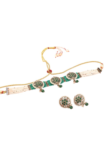 Saloni Fashion Jewellery Stylish Round Shape Mother of Pearl Green Kundan Stone Antique Gold Plated Collar Necklace Set For Women and Girls