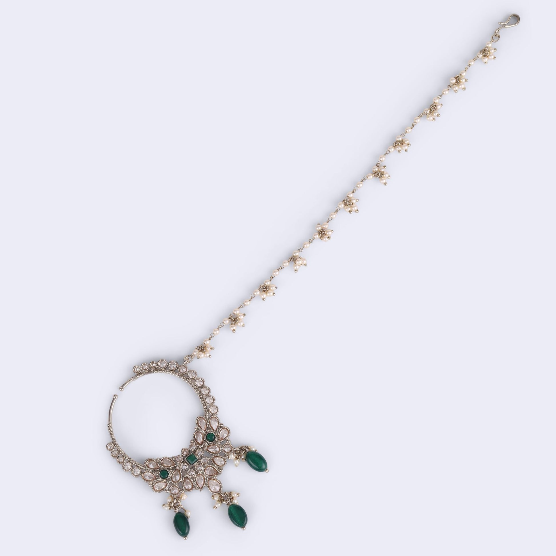 Saloni Fashion Jewellery Traditional Leaf Shape Crystal Gold Plated Nose Ring with Chain (Nathiya) For Women