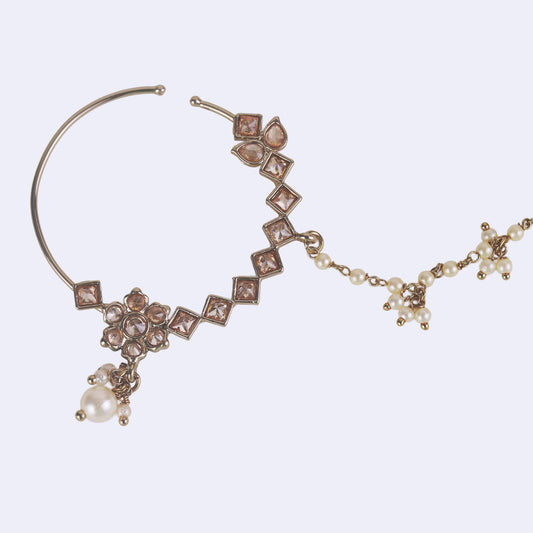 Saloni Fashion Jewellery Traditional Leaf and Flower Shape Gold Plated Nose Ring with String (Nathiya) For Women