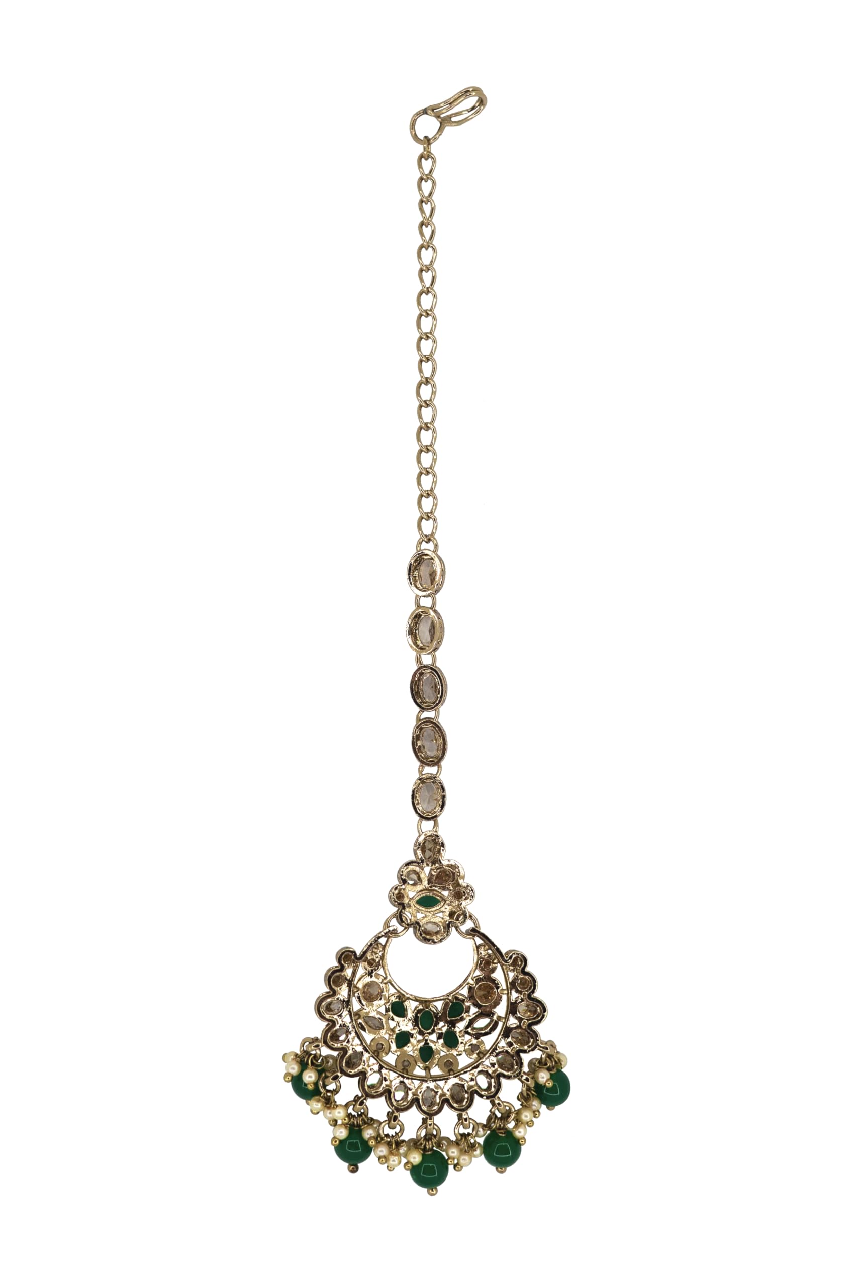 Saloni Fashion Jewellery Good-looking Chandelier Shape Mother of Pearl Green Uncut Kundan Stone Antique Gold Plated Maang Tikka For Women and Girls