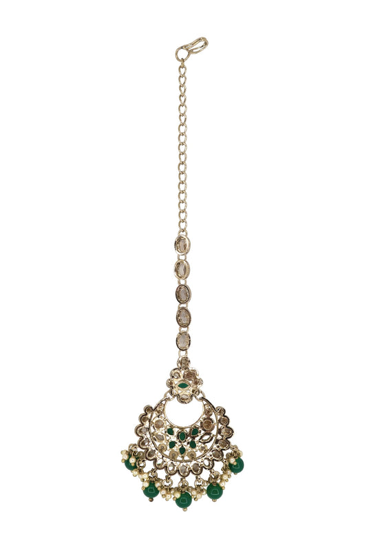 Saloni Fashion Jewellery Good-looking Chandelier Shape Mother of Pearl Green Uncut Kundan Stone Antique Gold Plated Maang Tikka For Women and Girls
