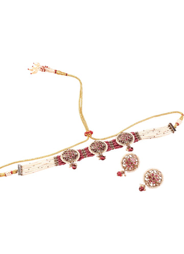 Saloni Fashion Jewellery Royal Round Shape Mother of Pearl Red Kundan Stone Antique Gold Plated Collar Necklace Set For Women and Girls