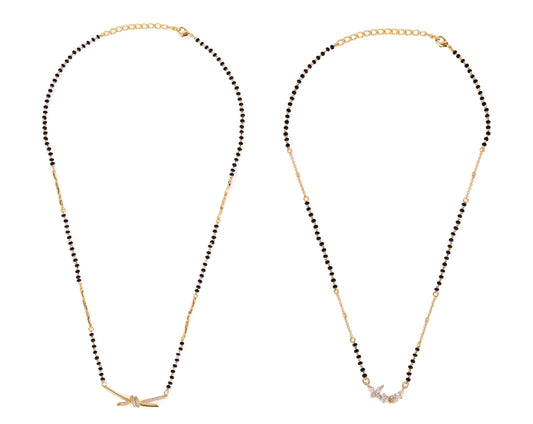 Saloni Fashion Jewellery Traditional Splendid Flower Design Gold Plated Combo Set of 2 Black Beaded Adjustable Chain Mangalsutra For Women