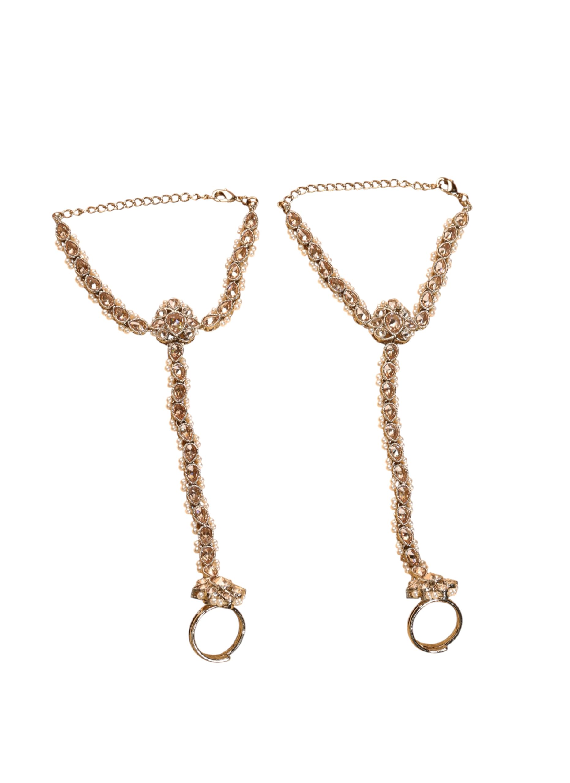 Saloni Fashion Jewellery Elegant Flower and Oval Shape Pearl Brown Kundan Stone Antique Gold Plated Set of 2 Brass Hathpaan(Hathphool) For Women and Girls