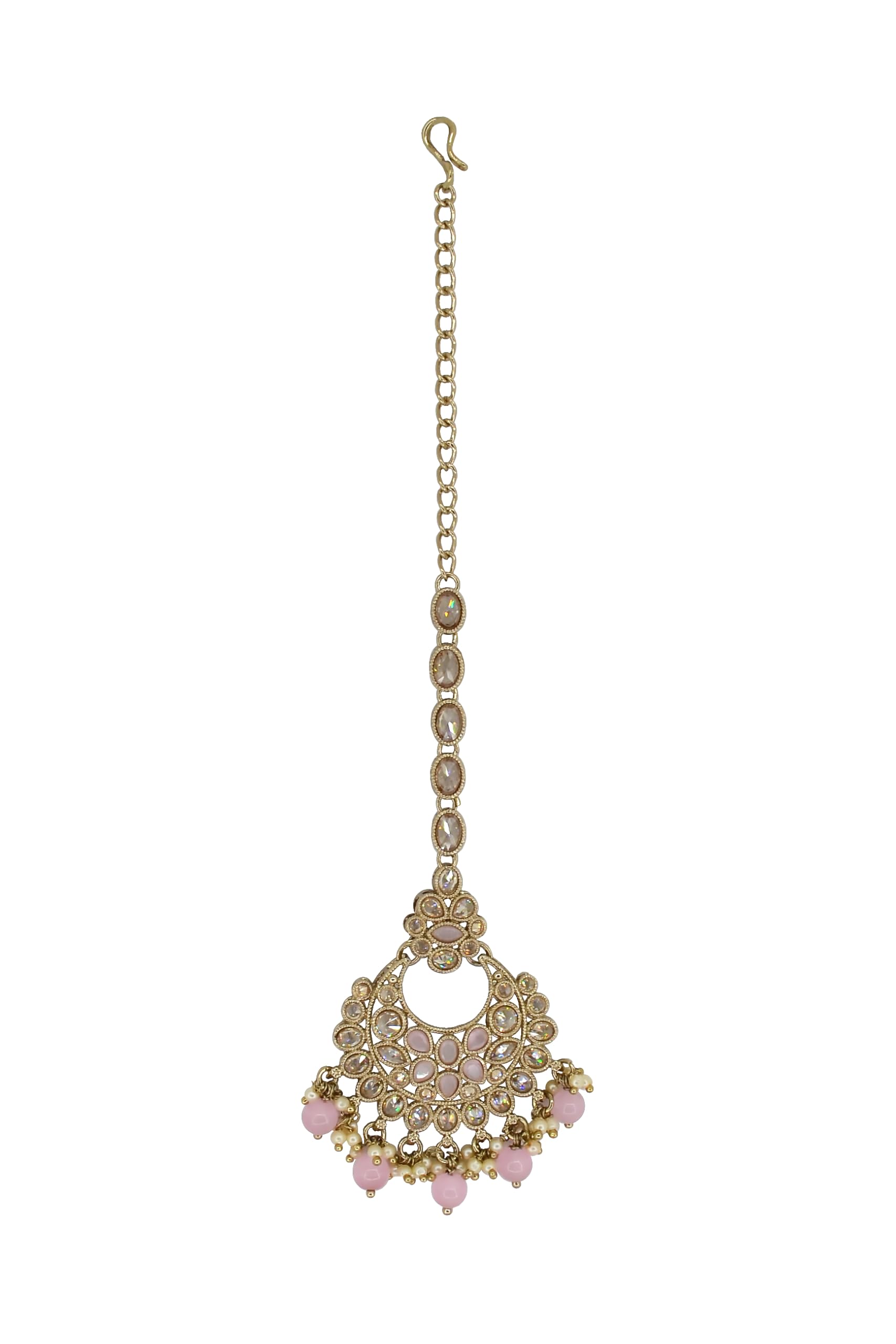 Saloni Fashion Jewellery Glimmery Chandelier Shape Mother of Pearl Pink Uncut Kundan Stone Antique Gold Plated Maang Tikka For Women and Girls
