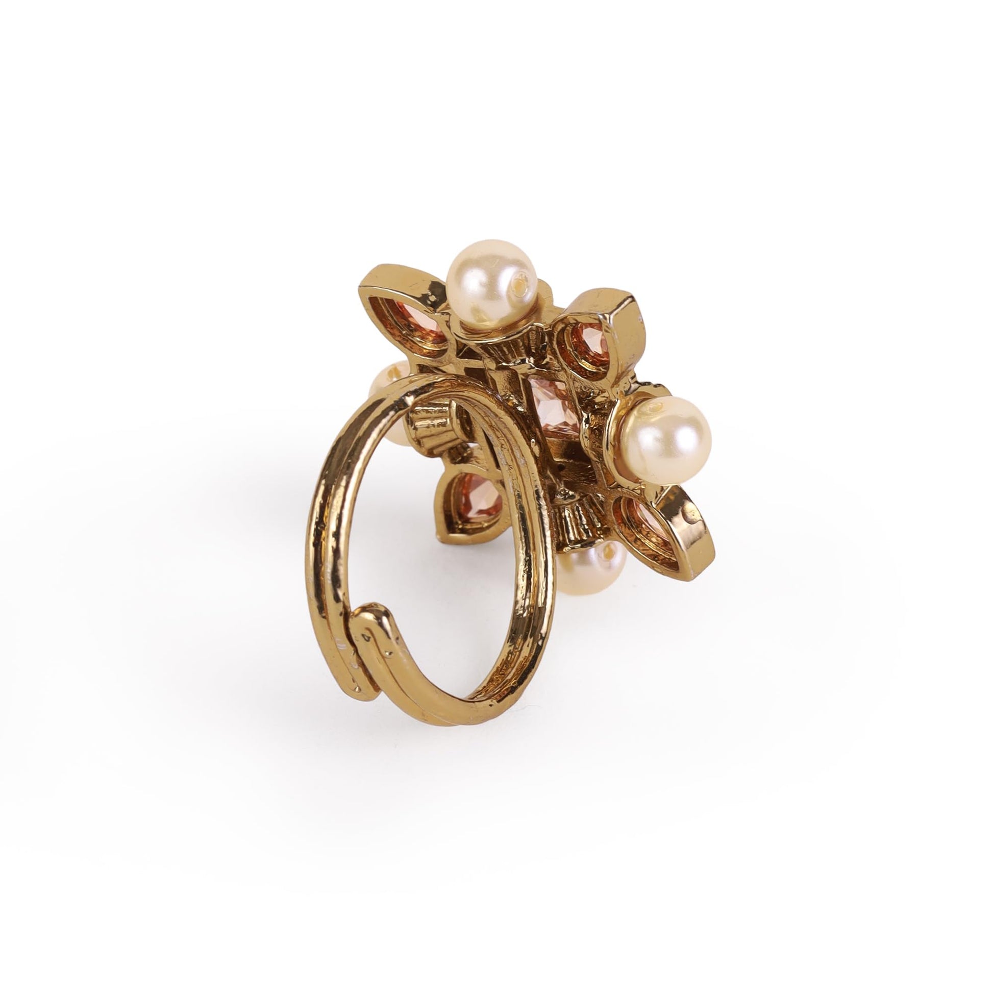 Saloni Fashion Jewellery Flower Half- white Moti And Grey Stone Gold Plated Brass Adjustable Finger Ring For Women