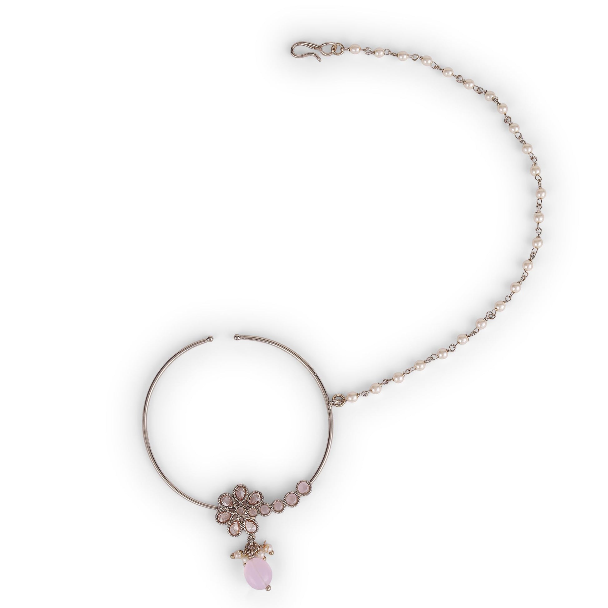 Saloni Fashion Jewellery Traditional Flower Design Crystal Gold Plated Nose Ring with Chain (Nathiya) For Women