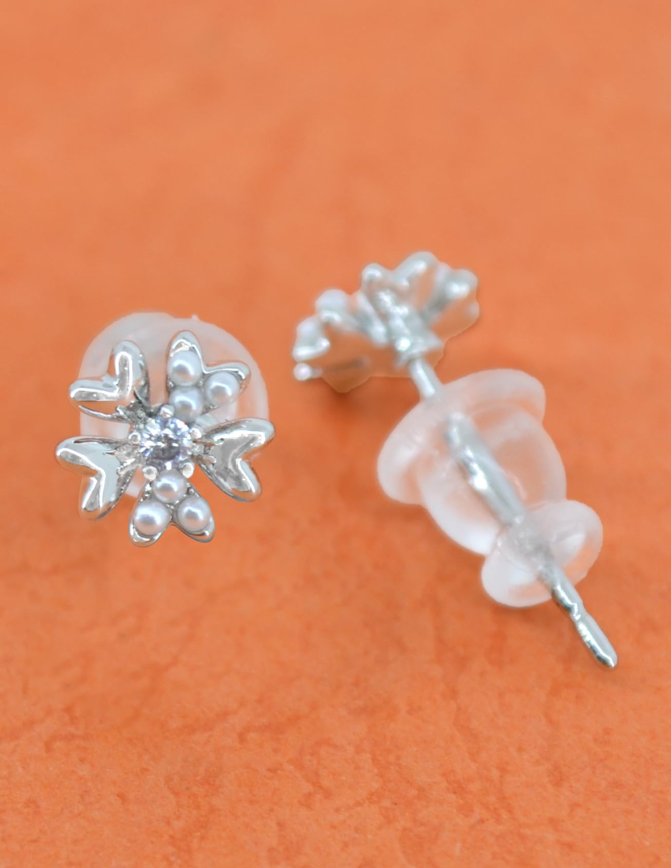 Saloni Fashion Jewellery Pleasant Heart and Flower Shape CZ Brass Silver Plated Set of 3 Combo Stud Earring For Women and Girls