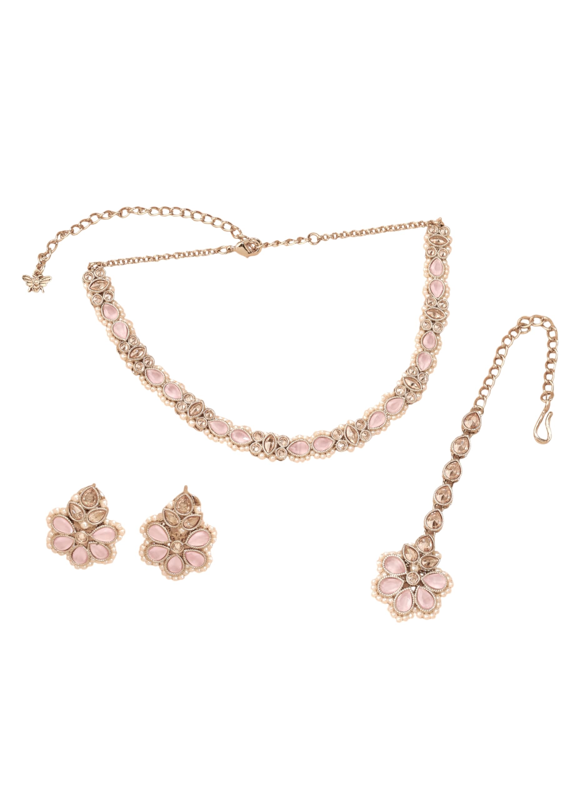 Saloni Fashion Jewellery Delightful Flower and Oval Shape Pink Kundan Stone Pearl Antique Gold Plated Choker Necklace With Maang Tikka For Women and Girls