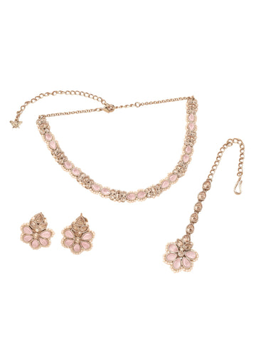 Saloni Fashion Jewellery Delightful Flower and Oval Shape Pink Kundan Stone Pearl Antique Gold Plated Choker Necklace With Maang Tikka For Women and Girls