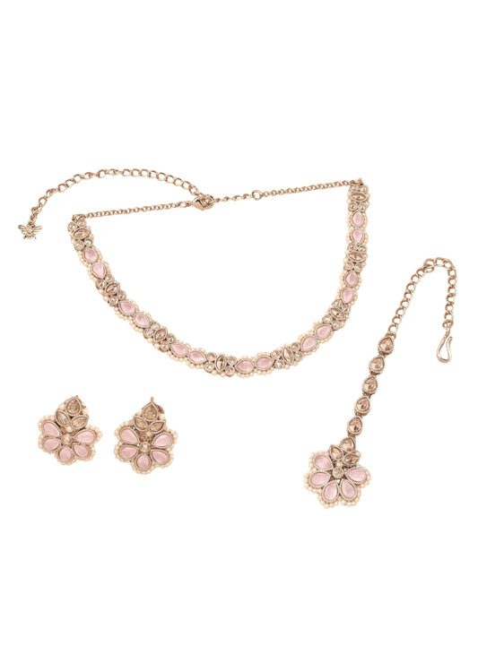 Saloni Fashion Jewellery Delightful Flower and Oval Shape Pink Kundan Stone Pearl Antique Gold Plated Choker Necklace With Maang Tikka For Women and Girls