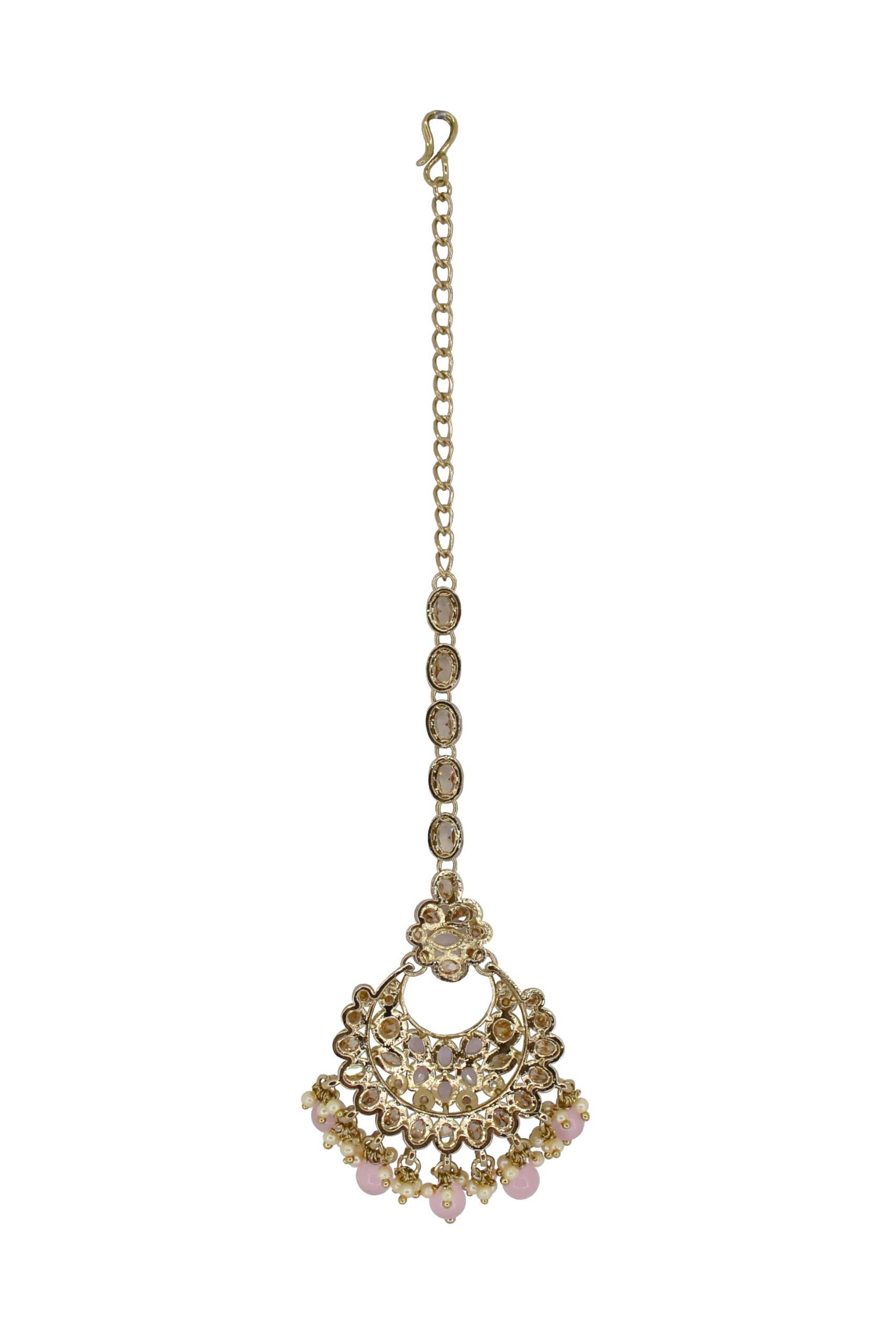Saloni Fashion Jewellery Glimmery Chandelier Shape Mother of Pearl Pink Uncut Kundan Stone Antique Gold Plated Maang Tikka For Women and Girls