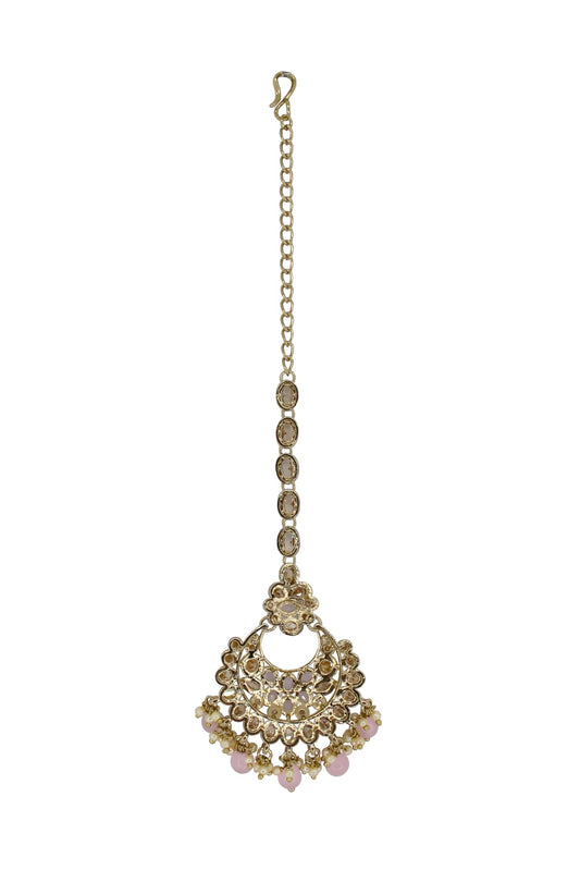 Saloni Fashion Jewellery Glimmery Chandelier Shape Mother of Pearl Pink Uncut Kundan Stone Antique Gold Plated Maang Tikka For Women and Girls