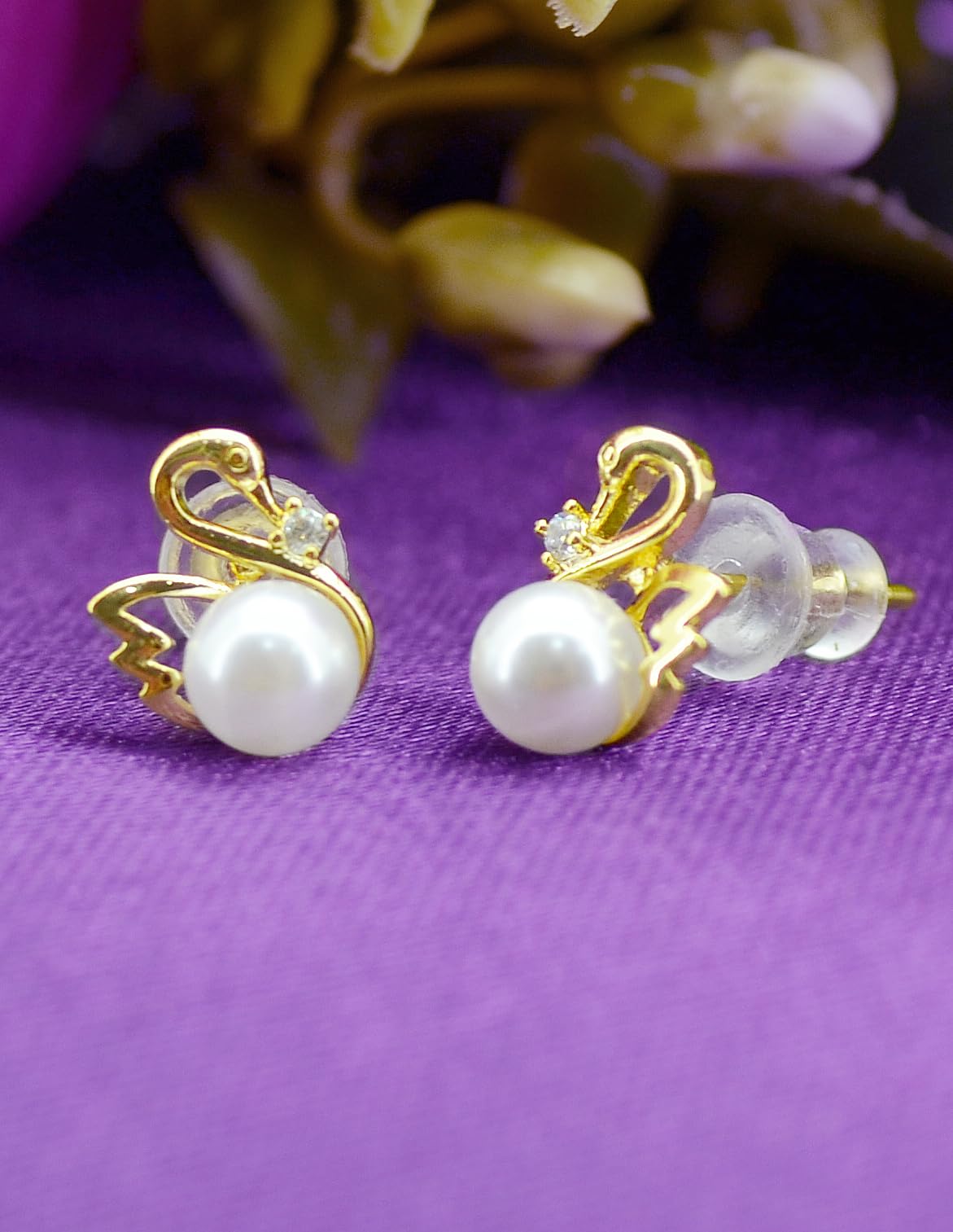 Saloni Fashion Jewellery Modern Duck Bird Design Pearl CZ Kundan Brass Gold Plated Set of 3 Combo Stud Earring For Women and Girls