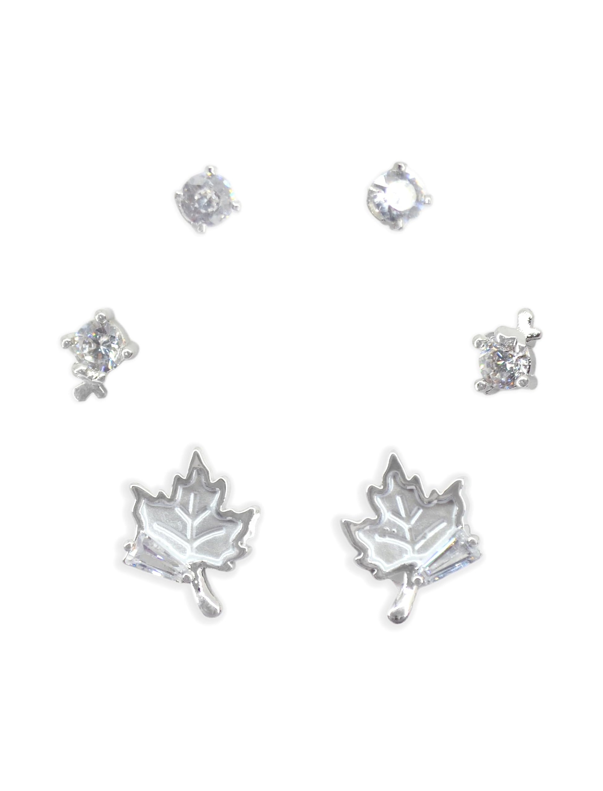 Saloni Fashion Jewellery Finely Round and Leaf Design CZ Brass Silver Plated Set of 3 Combo Stud Earring For Women and Girls