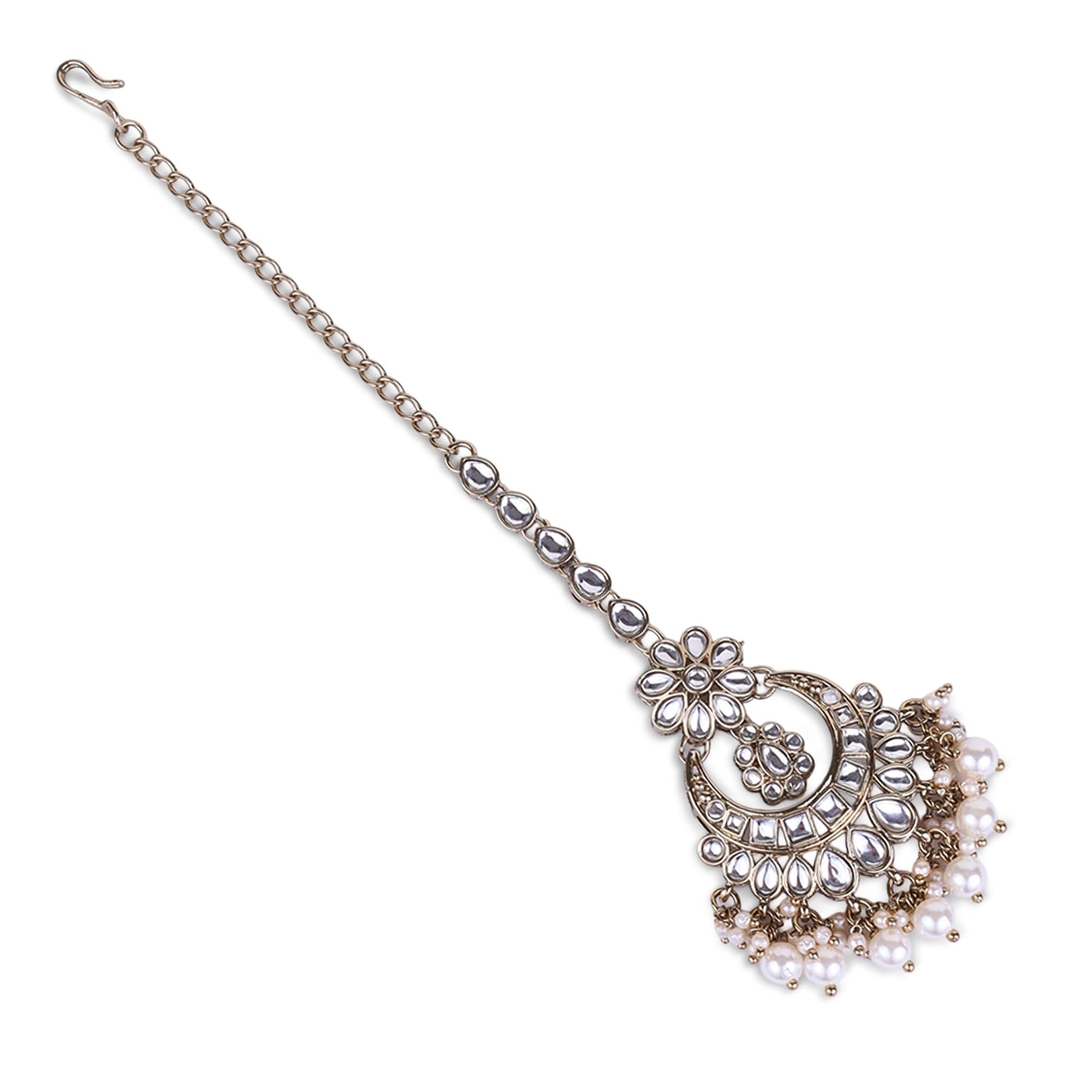 Saloni Fashion Jewellery Traditional Chandelier and Flower Shape Silver Gold Plated Maang Tikka For Women