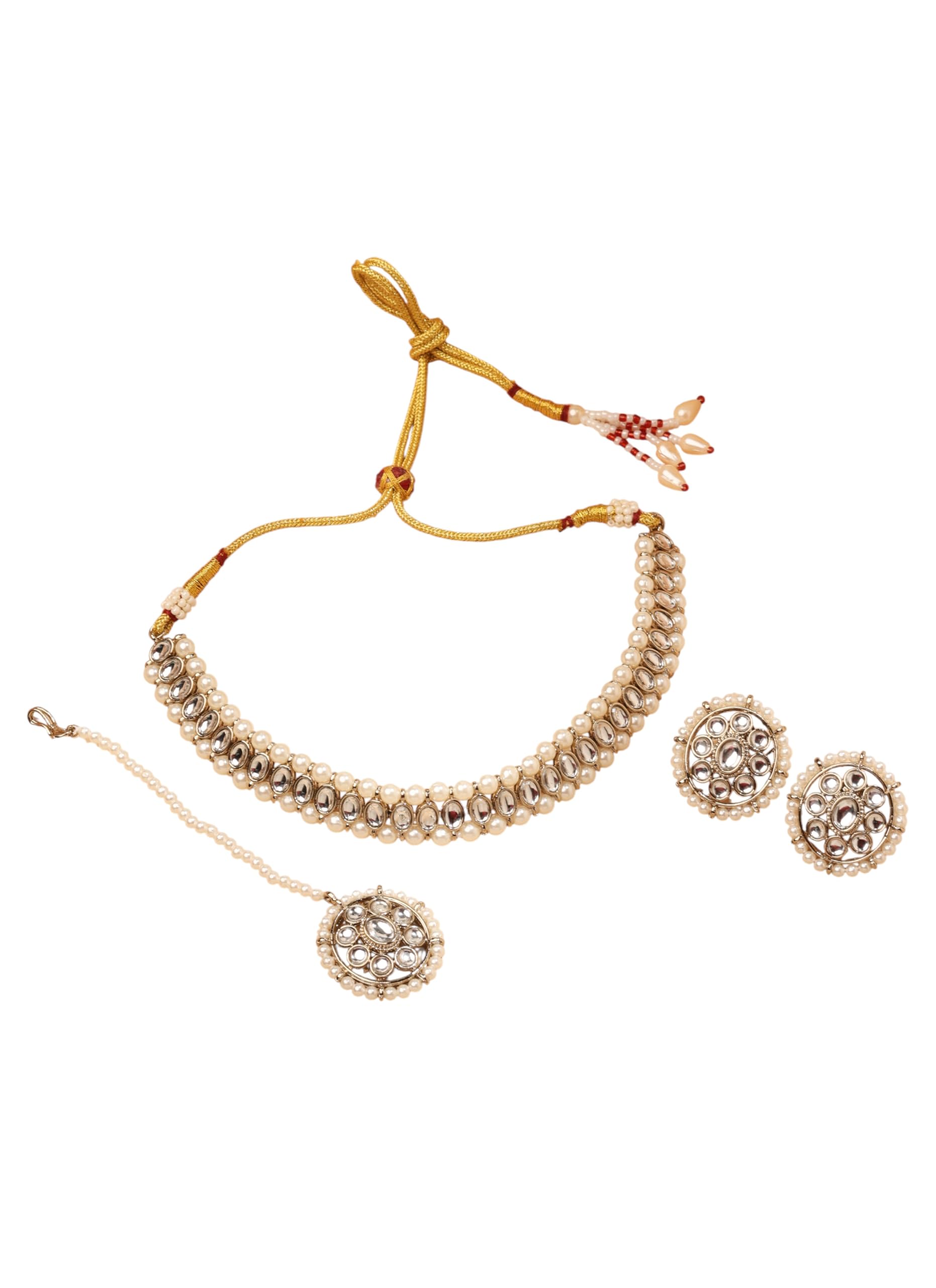 Saloni Fashion Jewellery Gorgeous Round and Circle Shape Pearl White Kundan Stone Antique Gold Plated Choker Necklace With Maang Tikka For Women and Girls
