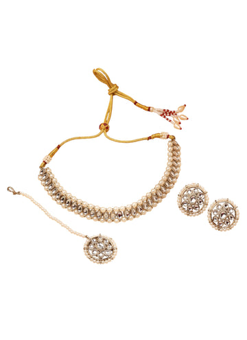 Saloni Fashion Jewellery Gorgeous Round and Circle Shape Pearl White Kundan Stone Antique Gold Plated Choker Necklace With Maang Tikka For Women and Girls