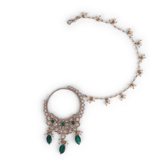 Saloni Fashion Jewellery Traditional Leaf Shape Crystal Gold Plated Nose Ring with Chain (Nathiya) For Women