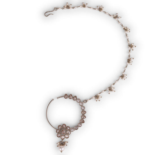 Saloni Fashion Jewellery Traditional Flower and Oval Shape Crystal Gold Plated Nose Ring with Chain (Nathiya) For Women