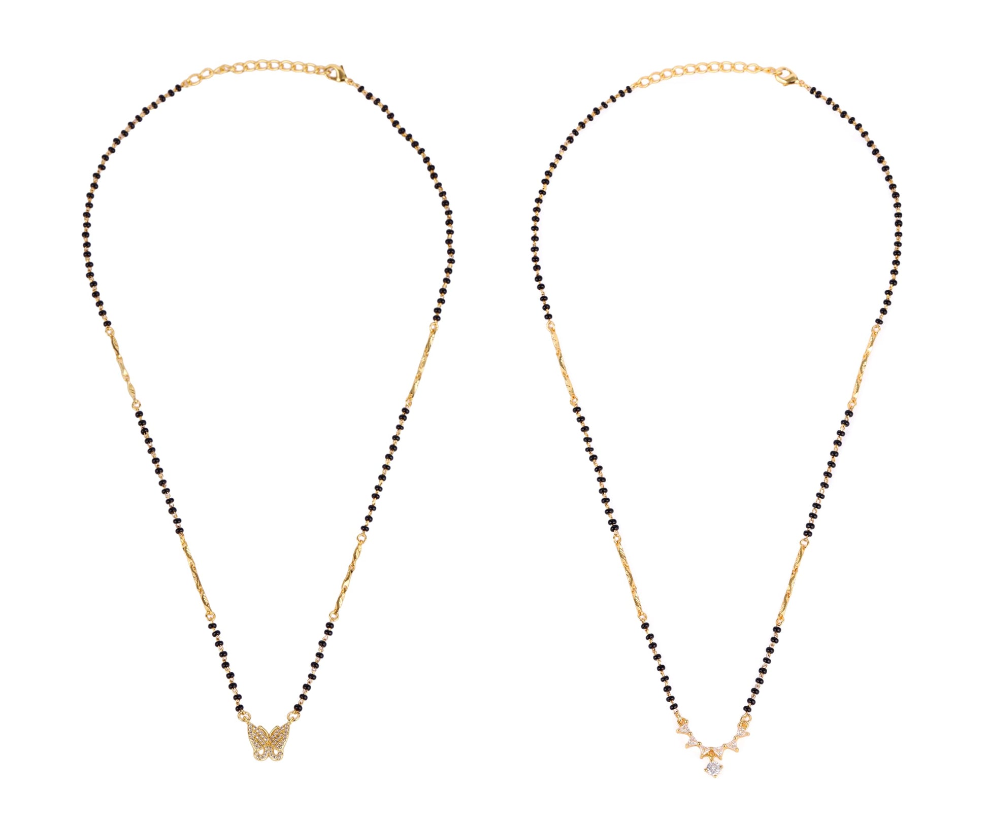 Saloni Fashion Jewellery Traditional Beautiful Round and Triangle Shape Gold Plated Combo Set of 2 Black Beaded Adjustable Chain Mangalsutra For Women