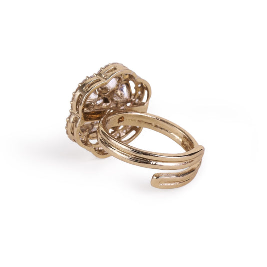 Saloni Fashion Jewellery Flower Design White Stone Gold Plated Brass Adjustable Finger Ring For Women
